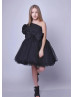 One Shoulder Black Satin Tulle Flower Girl Dress